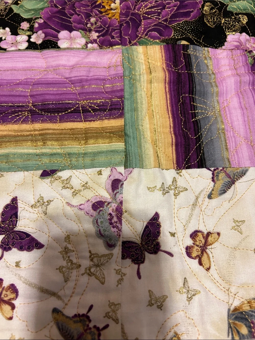 ONE OF A KIND - HANDCRAFTED Purple, gold and off-white Quilt.